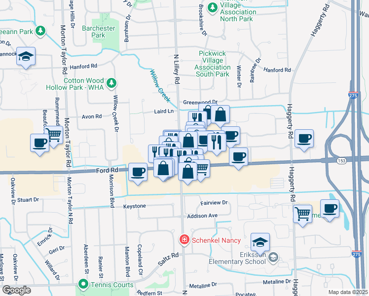 map of restaurants, bars, coffee shops, grocery stores, and more near 5730 North Lilley Road in Canton