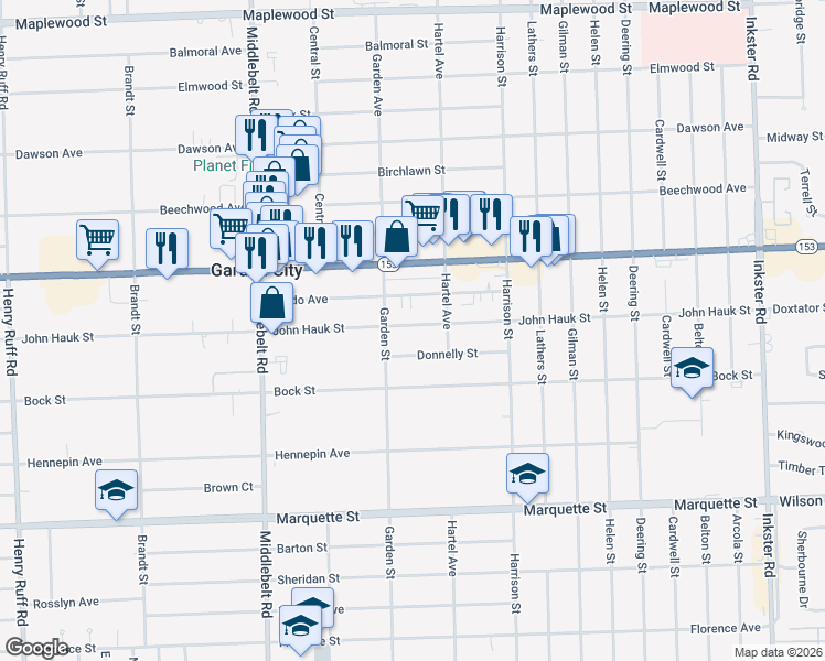 map of restaurants, bars, coffee shops, grocery stores, and more near 28671 John Hauk Street in Garden City