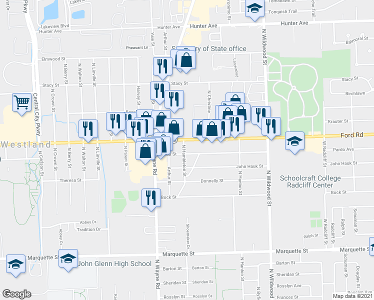 map of restaurants, bars, coffee shops, grocery stores, and more near 35156 Pardo Street in Westland