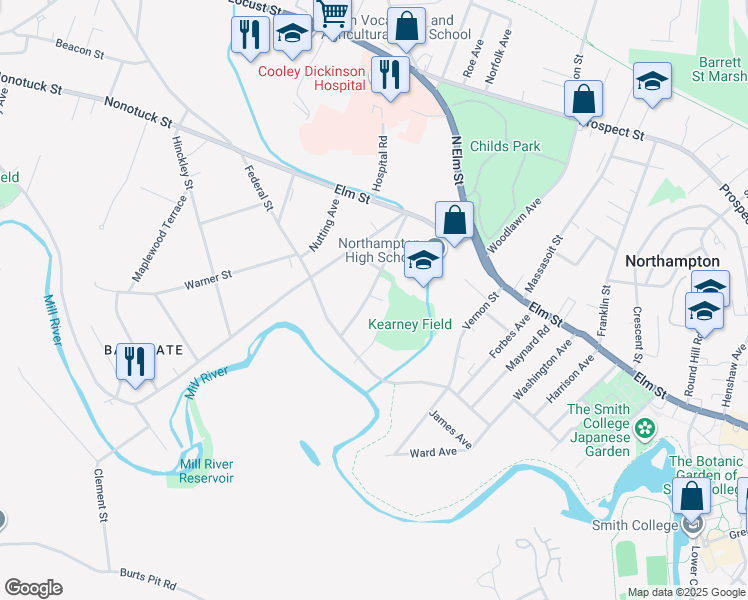 map of restaurants, bars, coffee shops, grocery stores, and more near 80 Milton Street in Northampton