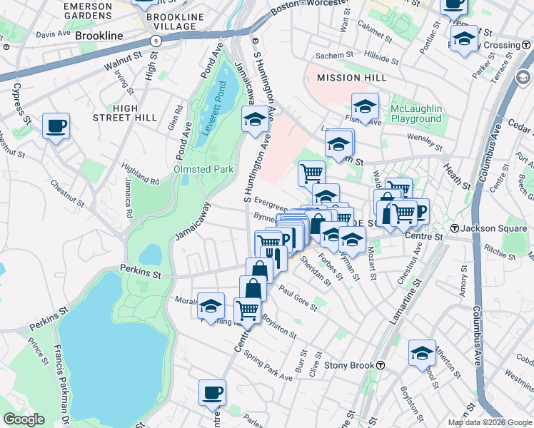 map of restaurants, bars, coffee shops, grocery stores, and more near 28 Evergreen Street in Boston