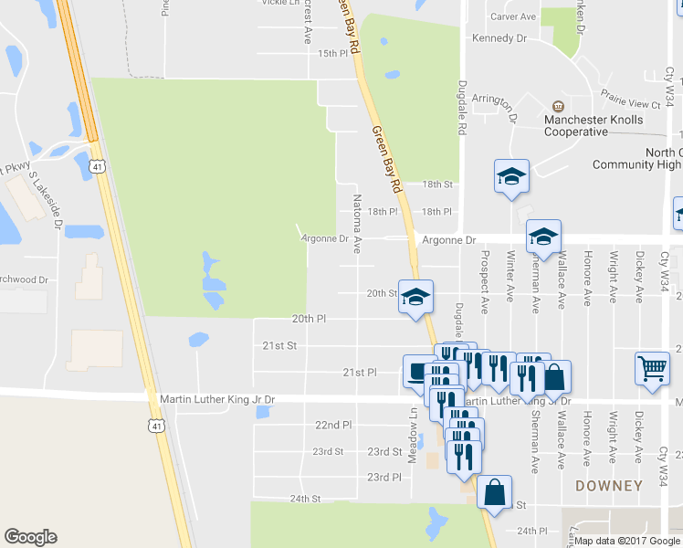 map of restaurants, bars, coffee shops, grocery stores, and more near 3015 19th Place in North Chicago