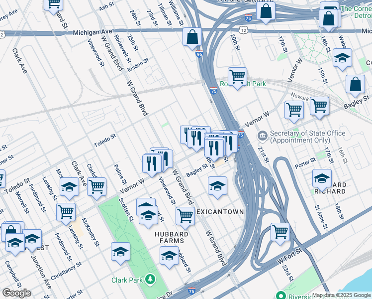 map of restaurants, bars, coffee shops, grocery stores, and more near 1930 25th Street in Detroit