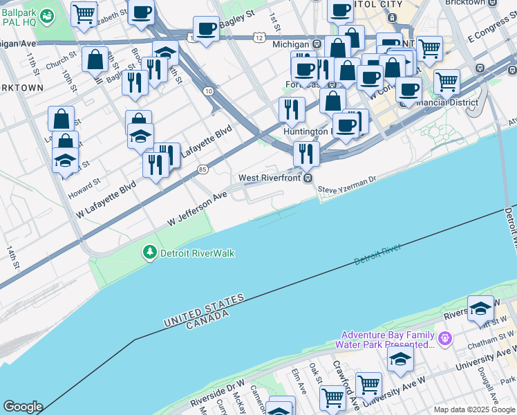 map of restaurants, bars, coffee shops, grocery stores, and more near 300 Riverfront Drive in Detroit