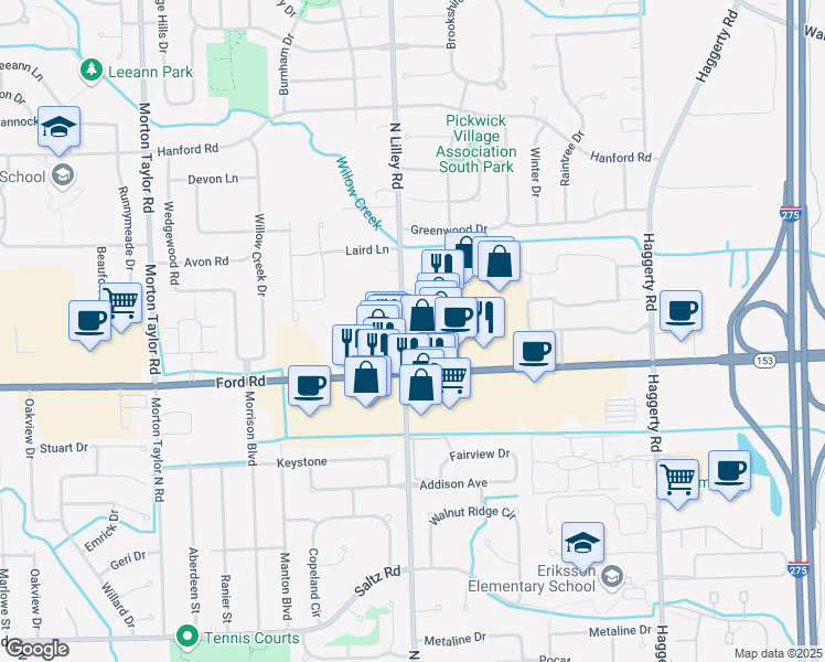 map of restaurants, bars, coffee shops, grocery stores, and more near 5730 North Lilley Road in Canton