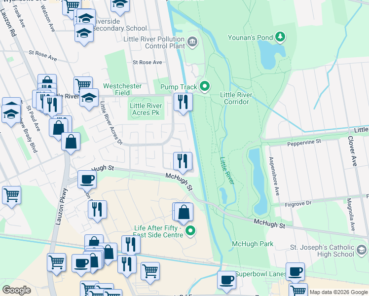 map of restaurants, bars, coffee shops, grocery stores, and more near 1320 Arncliffe Place in Windsor