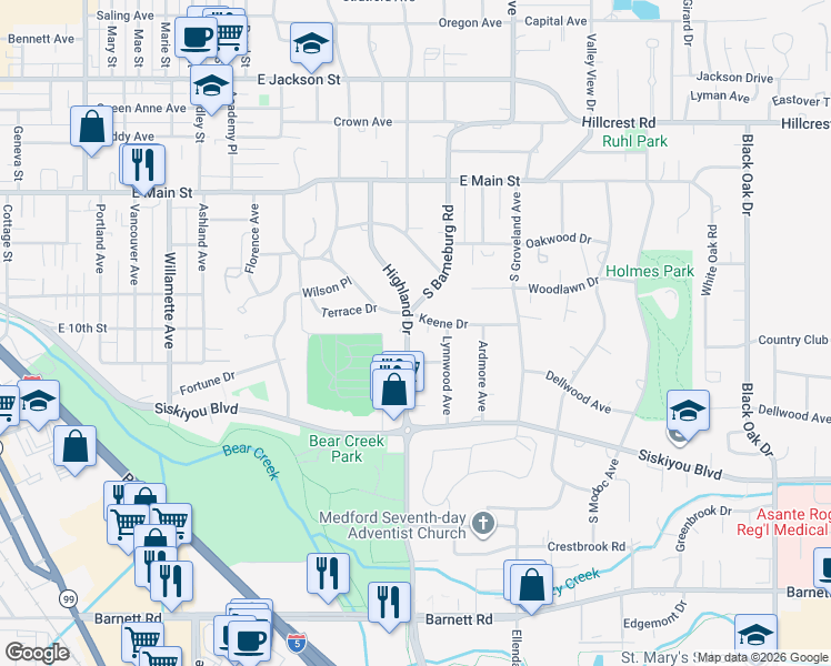 map of restaurants, bars, coffee shops, grocery stores, and more near 300 Highland Drive in Medford
