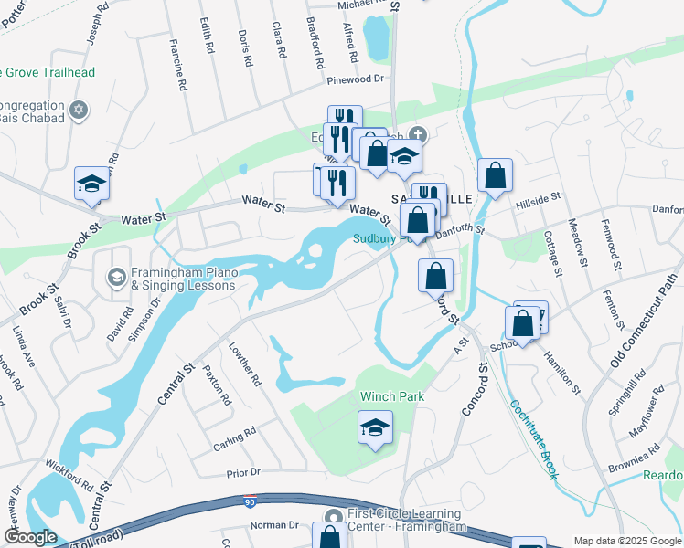 map of restaurants, bars, coffee shops, grocery stores, and more near 65 Central Street in Framingham