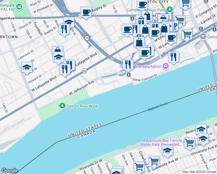 map of restaurants, bars, coffee shops, grocery stores, and more near 951 West Jefferson Avenue in Detroit
