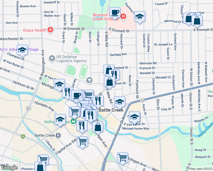map of restaurants, bars, coffee shops, grocery stores, and more near 93 North Avenue in Battle Creek