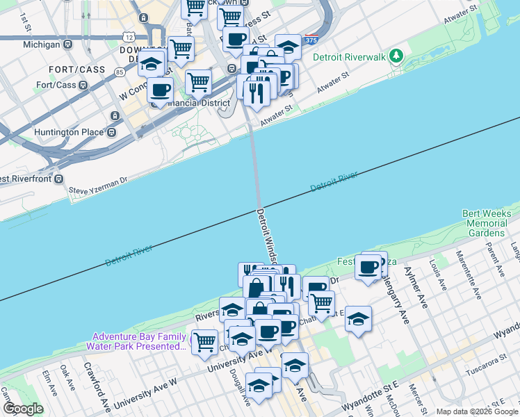 map of restaurants, bars, coffee shops, grocery stores, and more near Detroit Windsor Tunnel in Windsor