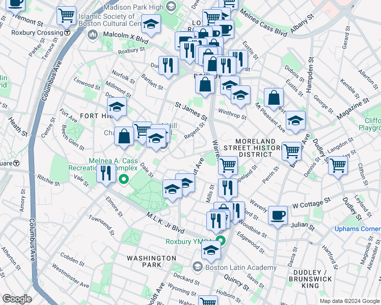 map of restaurants, bars, coffee shops, grocery stores, and more near 21a Circuit Street in Boston