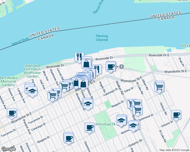 map of restaurants, bars, coffee shops, grocery stores, and more near 525 Argyle Road in Windsor