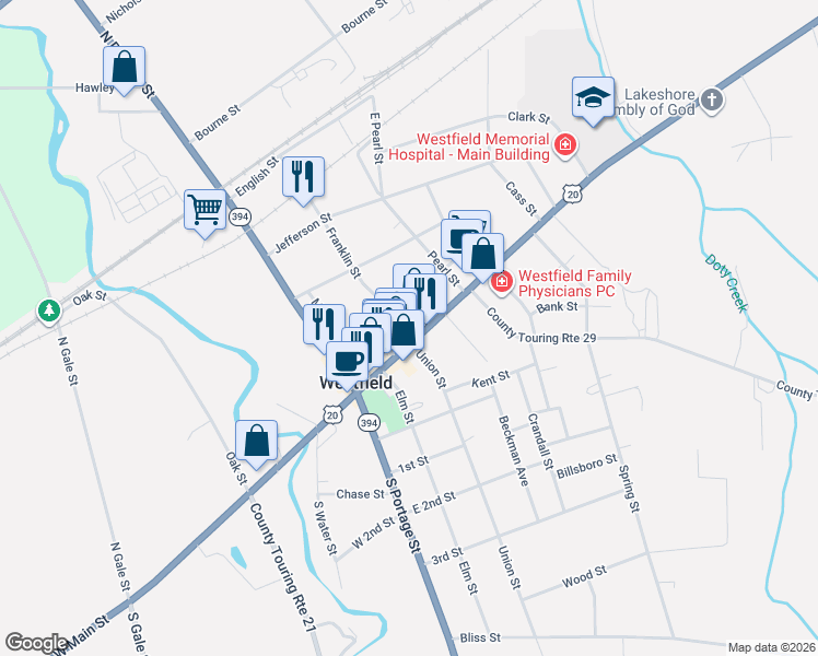 map of restaurants, bars, coffee shops, grocery stores, and more near 93 East Main Street in Westfield