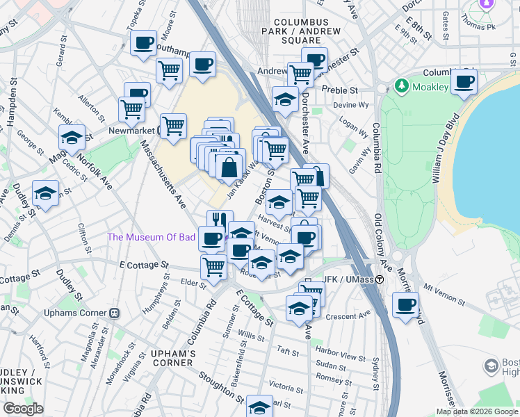 map of restaurants, bars, coffee shops, grocery stores, and more near 166 Boston Street in Boston