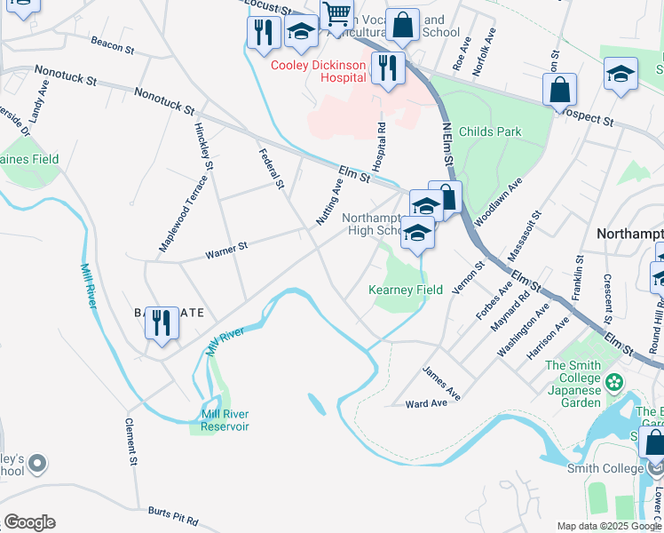 map of restaurants, bars, coffee shops, grocery stores, and more near 143 Federal Street in Northampton
