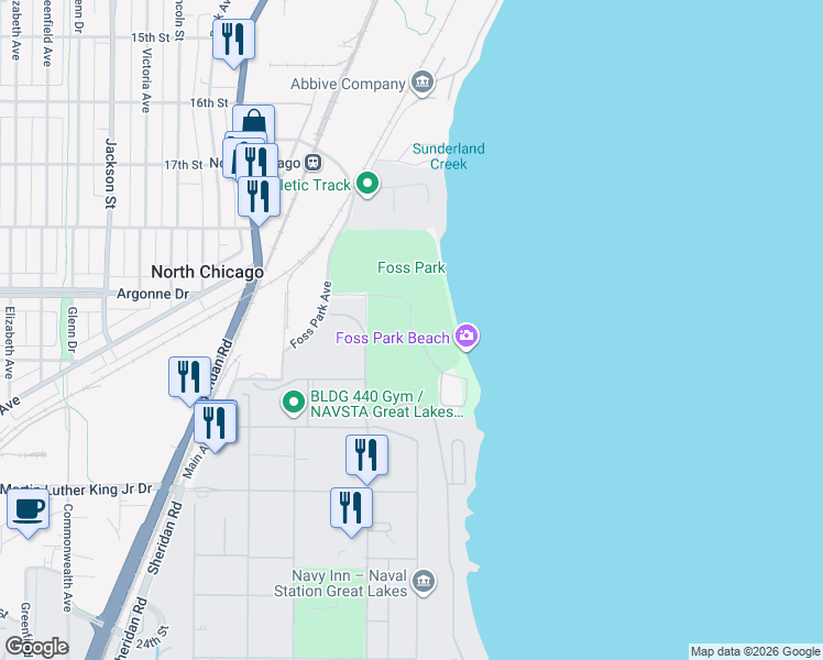 map of restaurants, bars, coffee shops, grocery stores, and more near Lakeview in North Chicago