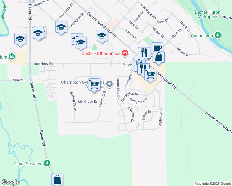 map of restaurants, bars, coffee shops, grocery stores, and more near 427 Cambridge Drive in Dexter