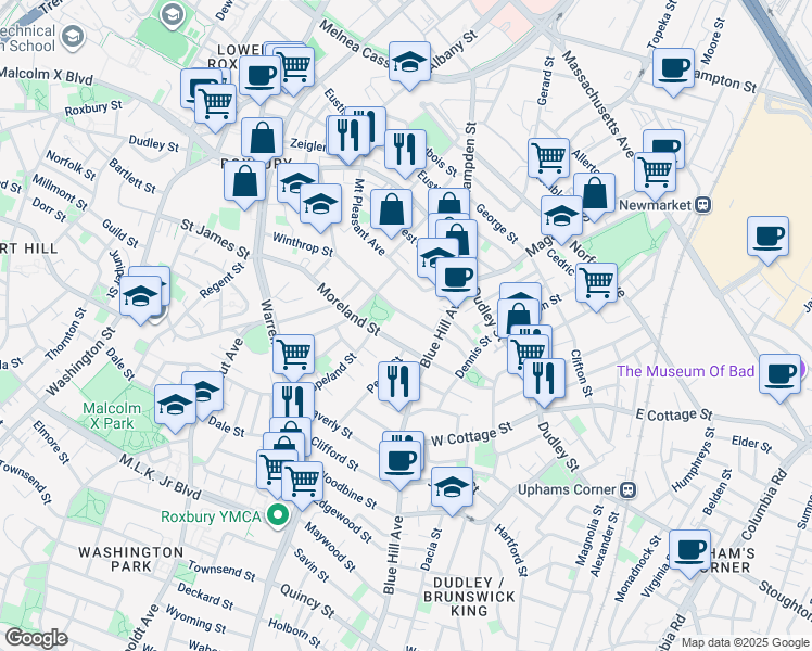 map of restaurants, bars, coffee shops, grocery stores, and more near 103 Winthrop Street in Boston