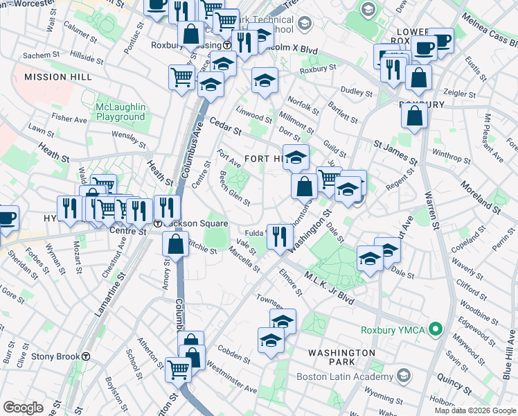 map of restaurants, bars, coffee shops, grocery stores, and more near 65 Beech Glen Street in Boston
