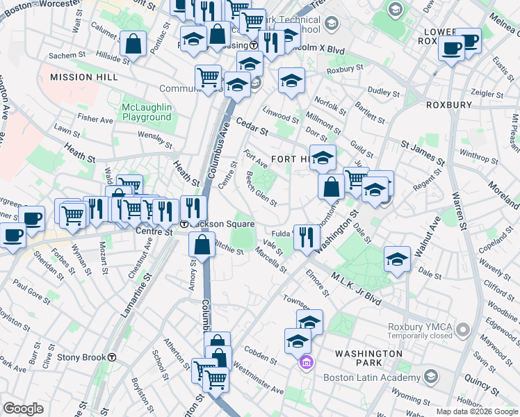 map of restaurants, bars, coffee shops, grocery stores, and more near 91 Marcella Street in Boston