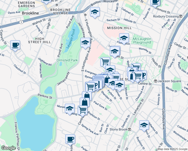 map of restaurants, bars, coffee shops, grocery stores, and more near 28 Evergreen Street in Boston