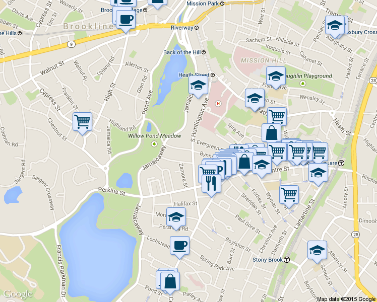 map of restaurants, bars, coffee shops, grocery stores, and more near in Boston
