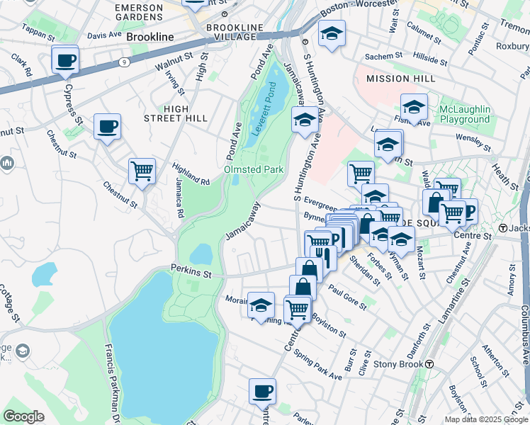map of restaurants, bars, coffee shops, grocery stores, and more near 112 Bynner Street in Boston