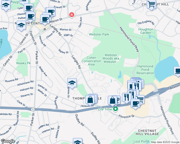 map of restaurants, bars, coffee shops, grocery stores, and more near 112 Carlisle Place in Newton