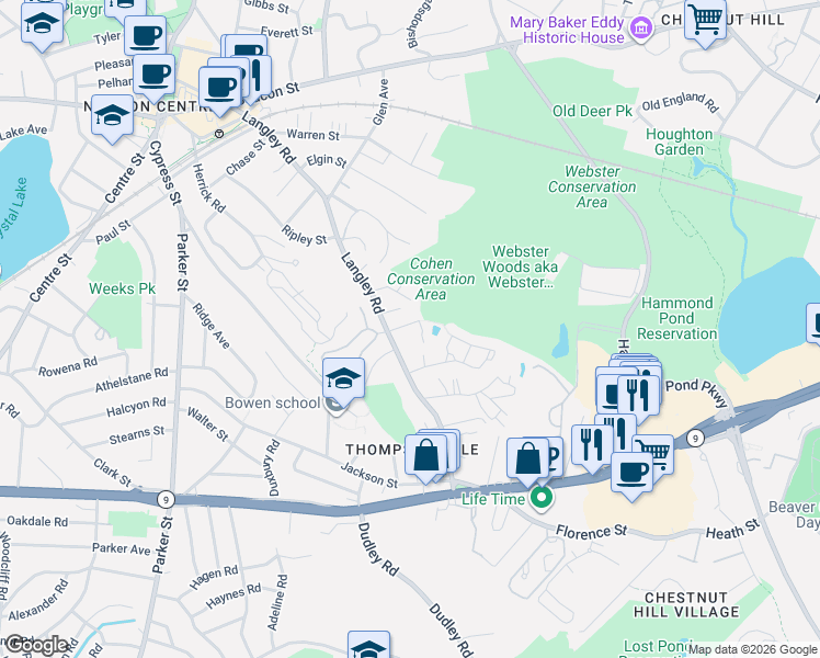 map of restaurants, bars, coffee shops, grocery stores, and more near 133 Carlisle Street in Newton