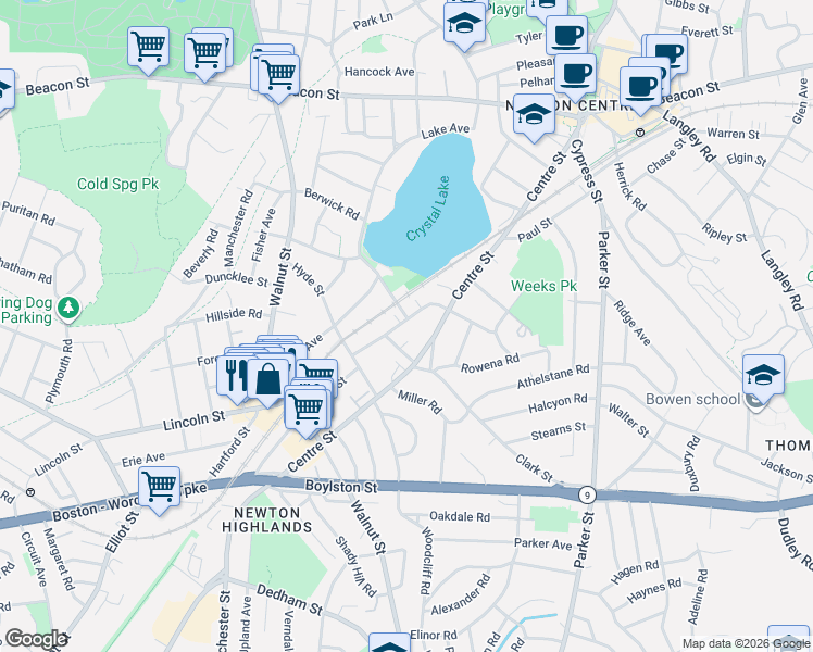 map of restaurants, bars, coffee shops, grocery stores, and more near 135 Allerton Road in Newton