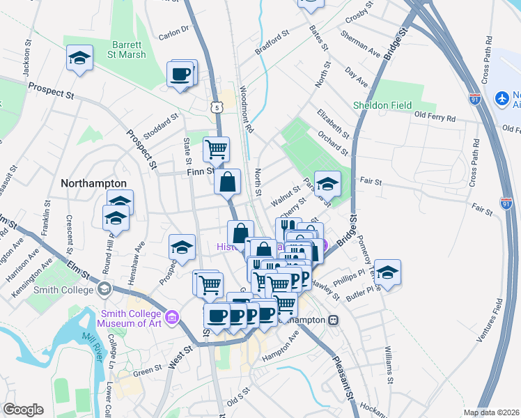 map of restaurants, bars, coffee shops, grocery stores, and more near 3 North Street in Northampton