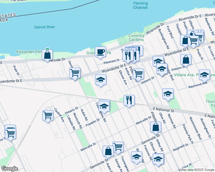 map of restaurants, bars, coffee shops, grocery stores, and more near 854 Jos Janisse Avenue in Windsor
