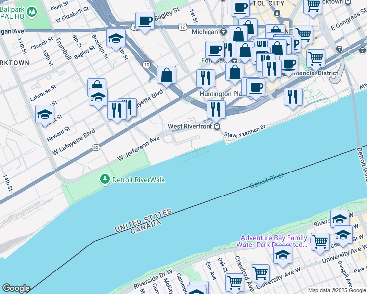 map of restaurants, bars, coffee shops, grocery stores, and more near 951 West Jefferson Avenue in Detroit