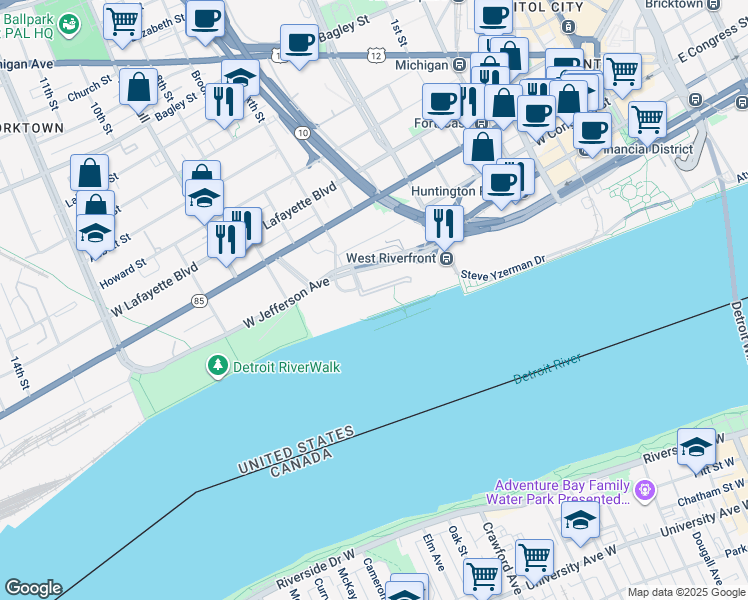 map of restaurants, bars, coffee shops, grocery stores, and more near 200 Riverfront Drive in Detroit