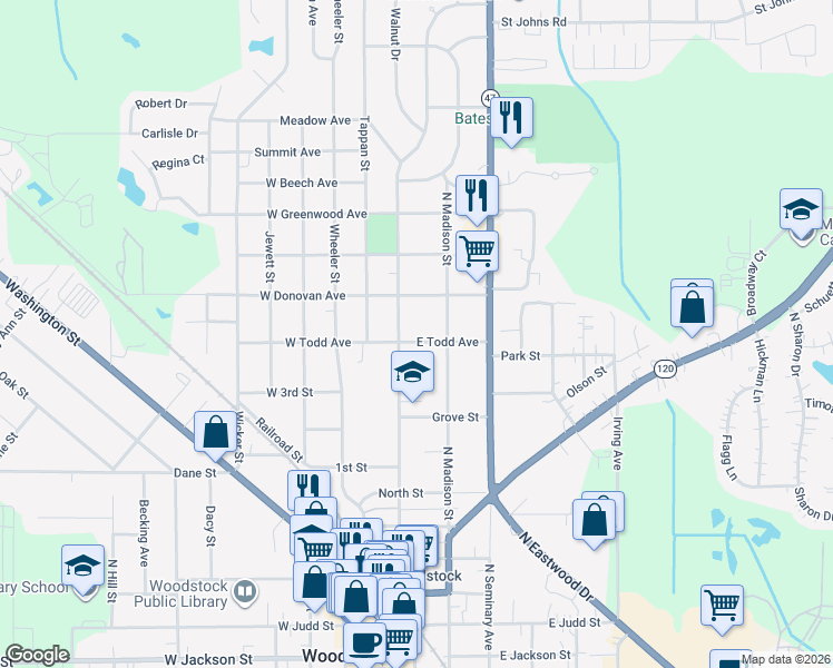 map of restaurants, bars, coffee shops, grocery stores, and more near 123 East Todd Avenue in Woodstock