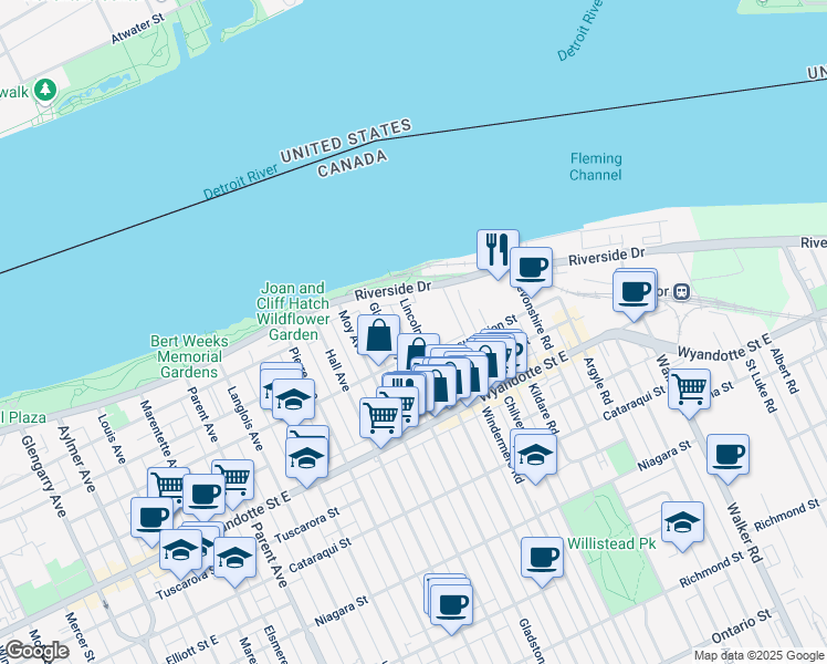 map of restaurants, bars, coffee shops, grocery stores, and more near 311 Lincoln Road in Windsor