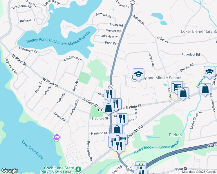 map of restaurants, bars, coffee shops, grocery stores, and more near 186 Main Street in Wayland