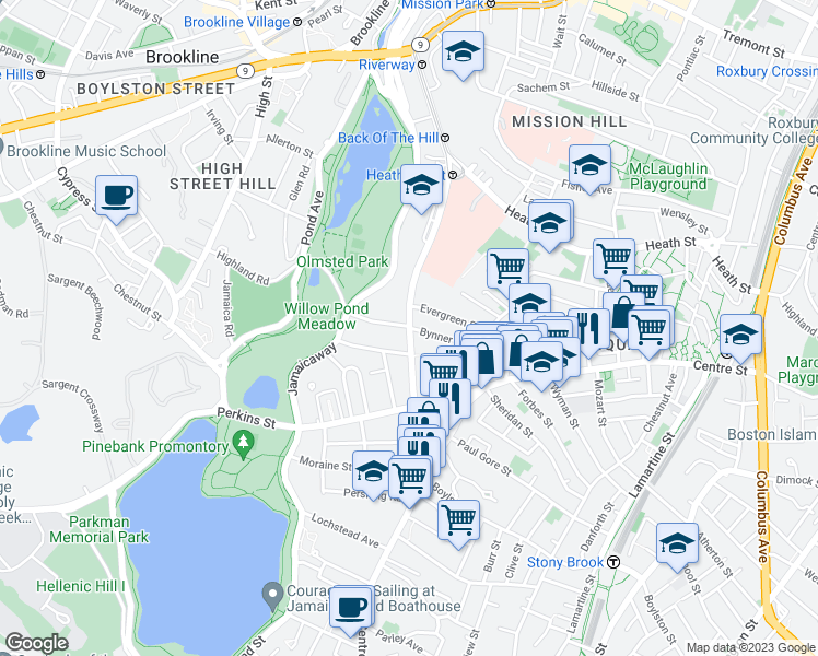 map of restaurants, bars, coffee shops, grocery stores, and more near S Huntington Ave & Bynner St in Boston