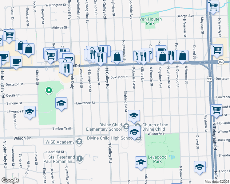 map of restaurants, bars, coffee shops, grocery stores, and more near 1775 Highview Street in Dearborn