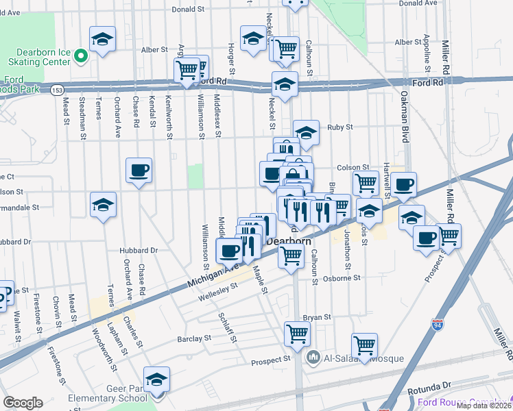map of restaurants, bars, coffee shops, grocery stores, and more near 5028 Maple Street in Dearborn