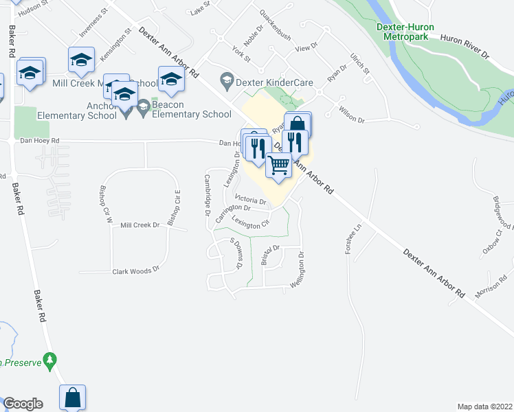 map of restaurants, bars, coffee shops, grocery stores, and more near 268 Victoria Drive in Dexter