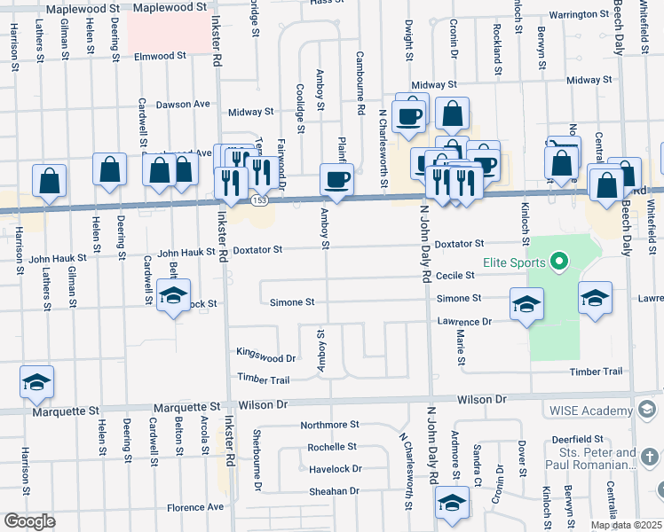 map of restaurants, bars, coffee shops, grocery stores, and more near 26905 Doxtator Street in Dearborn Heights