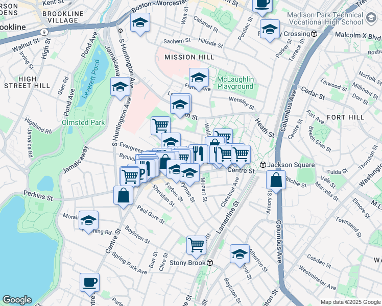 map of restaurants, bars, coffee shops, grocery stores, and more near 13 Sunnyside Street in Boston