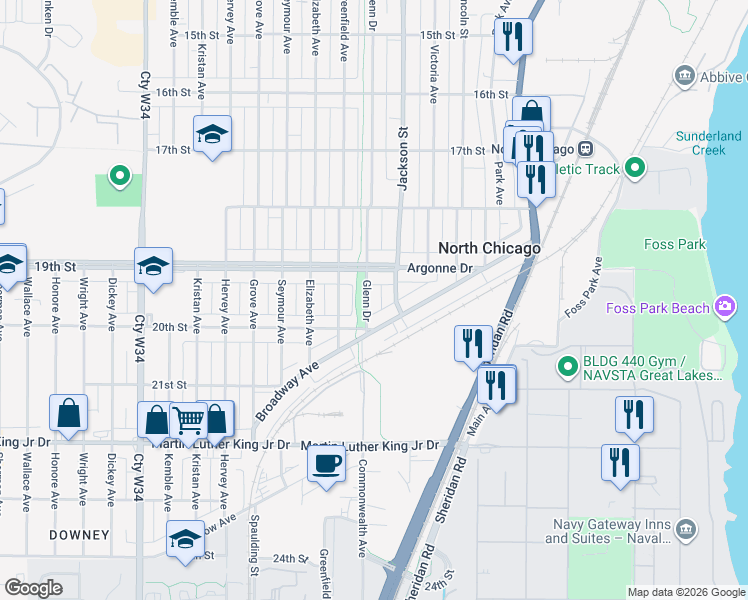 map of restaurants, bars, coffee shops, grocery stores, and more near 1927 Glenn Drive in North Chicago