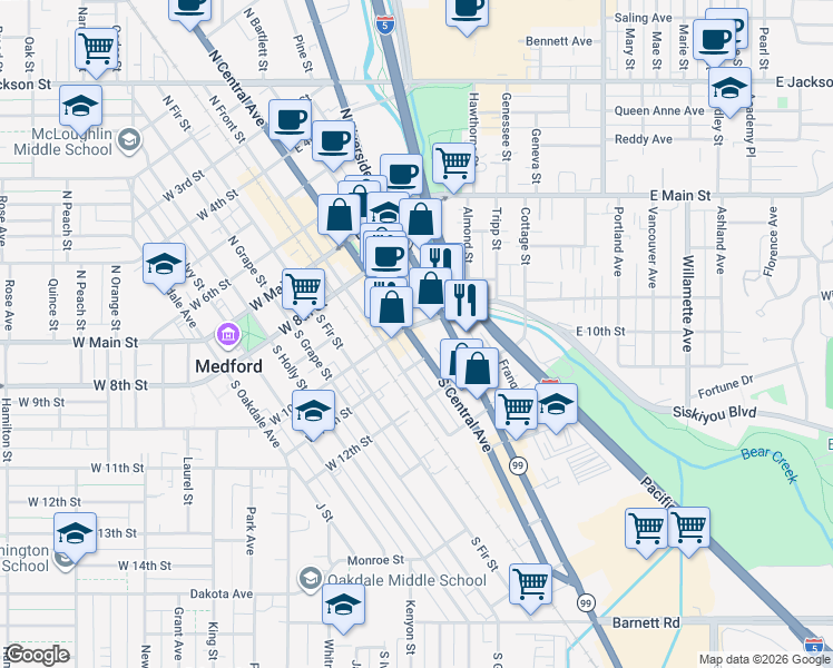 map of restaurants, bars, coffee shops, grocery stores, and more near 301 North Central Avenue in Medford