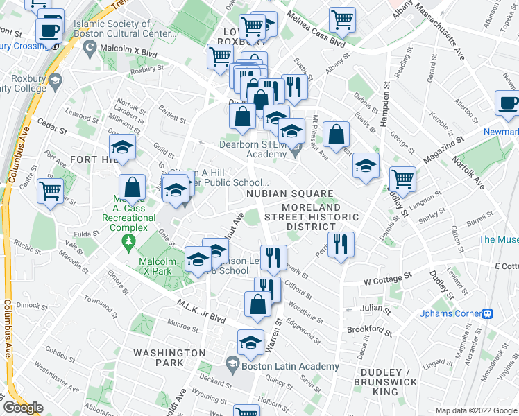 map of restaurants, bars, coffee shops, grocery stores, and more near Warren St & Whiting St in Boston
