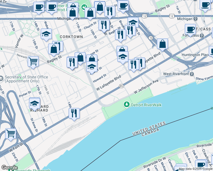 map of restaurants, bars, coffee shops, grocery stores, and more near 1693 West Lafayette Boulevard in Detroit