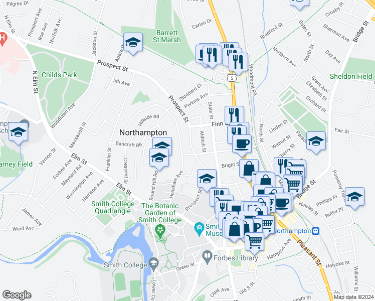 map of restaurants, bars, coffee shops, grocery stores, and more near 11 Crescent Street in Northampton