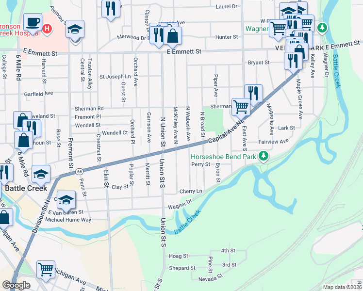 map of restaurants, bars, coffee shops, grocery stores, and more near 437 Capital Avenue Northeast in Battle Creek